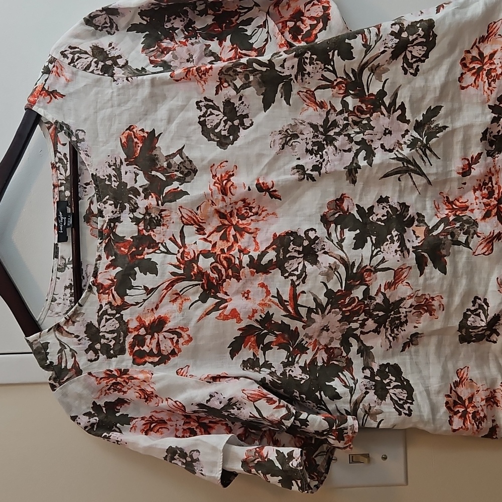 LORD & TAYLOR Floral Linen Boho Oversized Blouse Short Ruffle Sleeves Size PM